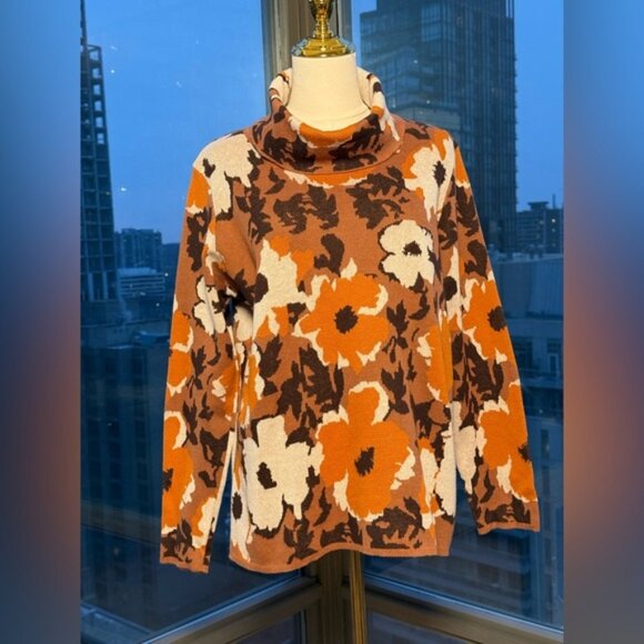 🆕 FARM Rio 🧿 NWOT Retro Flowers Turtleneck, Orange & Brown - Picture 1 of 13